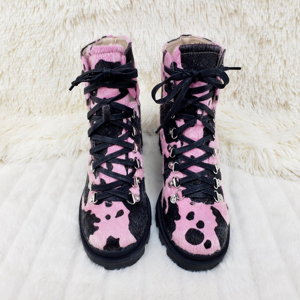 Baby Pink Faux Fur Cow Print Lug Sole Emo Ankle boots - Picture 13 of 14